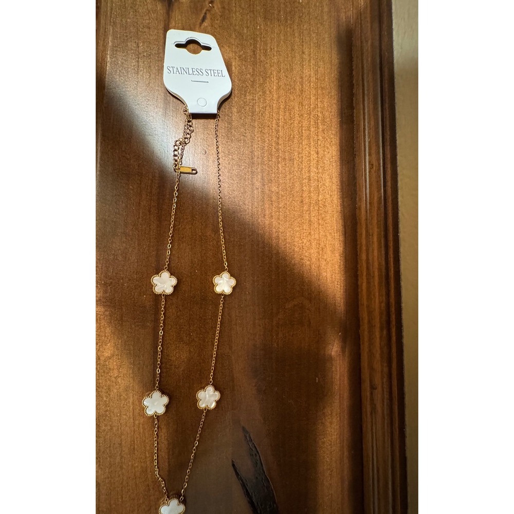 Gold Stainless Steel White Clover Flower Station Necklace Adjustable Chain